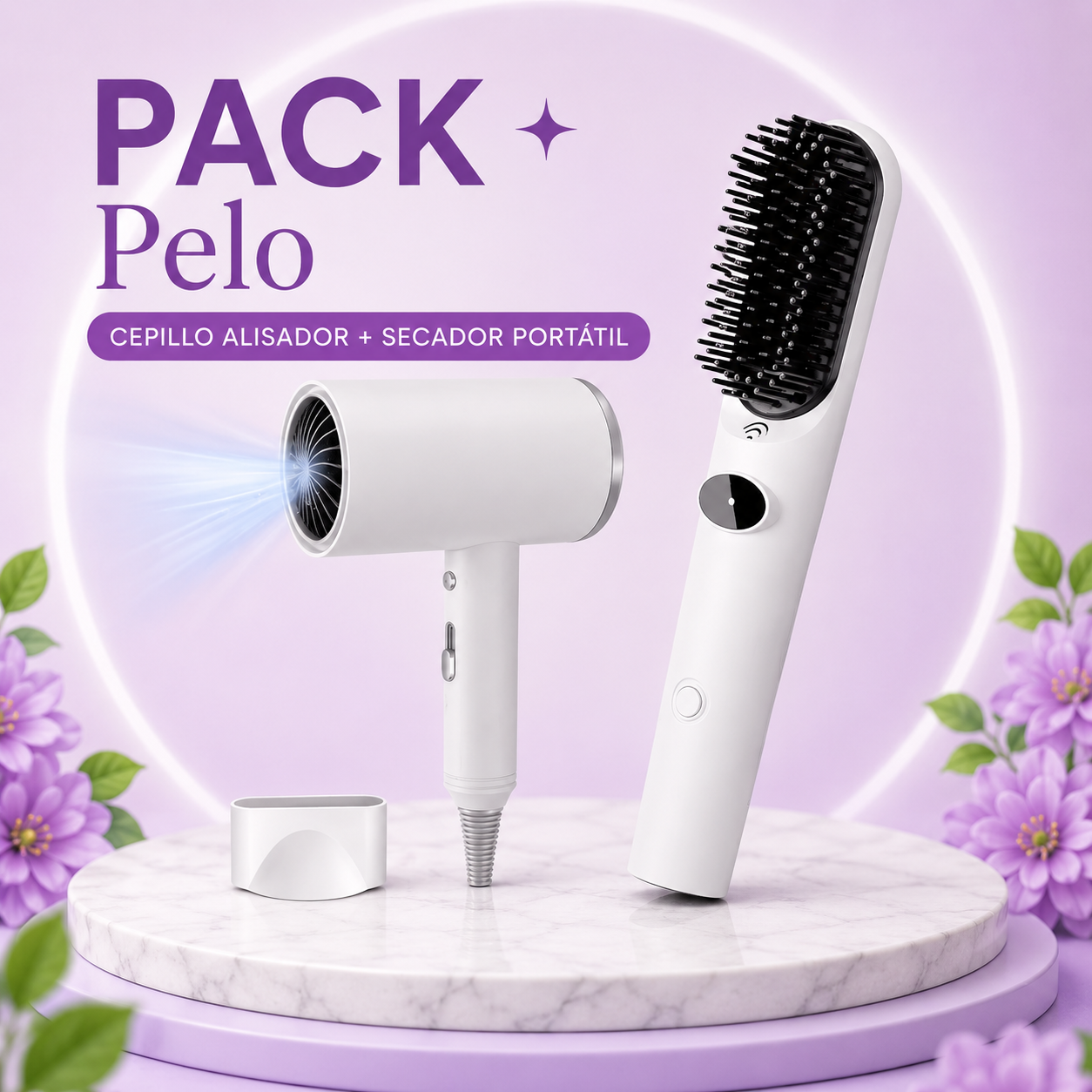 Pack Pelo — Cepillo Alisador + Secador Portátil — Lisso